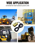 3 Wire Dump Trailer Remote Control Switch For 12V DC Single Acting Hydraulic Pump Power Unit Fits Lift Unloading pictured with construction vehicles.