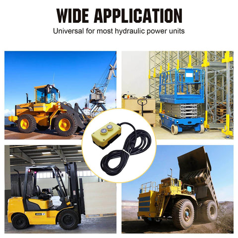 3 Wire Dump Trailer Remote Control Switch For 12V DC Single Acting Hydraulic Pump Power Unit Fits Lift Unloading pictured with construction vehicles.