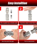 Instructional guide showing steps to connect and disconnect Half Inch NPT Flat Face Hydraulic Quick Couplers Kit With Two Dust Covers