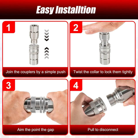 Instructional guide showing steps to connect and disconnect Half Inch NPT Flat Face Hydraulic Quick Couplers Kit With Two Dust Covers