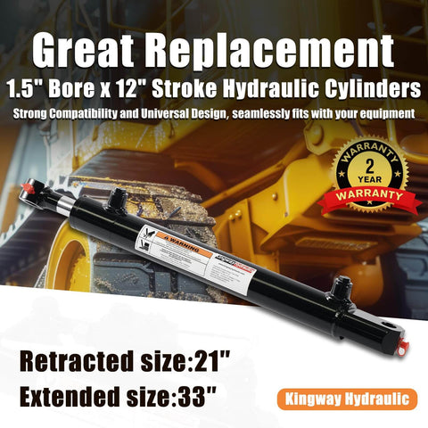 Heavy Duty Double Acting Hydraulic Cylinder For Tractor And Loader And Ag Equipment 1.5 Inch Bore 12 Inch Stroke 0.75 Inch Pin Holes SAE 6 Ports 3500 PSI Welded Replacement Cylinder By Kingway