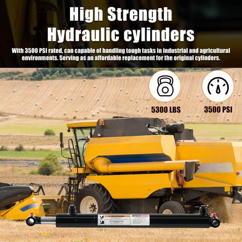 Cross Tube Double Acting Hydraulic Cylinder With 1.5 Inch Bore And 16 Inch Stroke For Heavy Duty Use 3500 PSI 5300 Lb Load Capacity SAE 6 Ports Three Quarter Inch Pin Holes on display with agricultural equipment in the background.