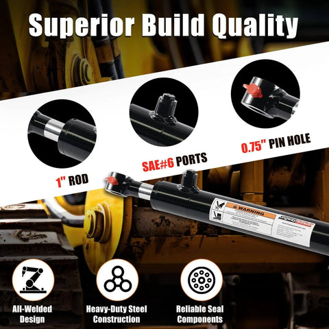 Heavy Duty Double Acting Hydraulic Cylinder For Tractor And Loader And Ag Equipment 1-inch rod, SAE 6 ports, 0.75-inch pin hole