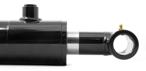 Close-up of a black Cross Tube Hydraulic Cylinder With 2.5 Inch Bore And 8 Inch Stroke From Wen, Double Acting Steel Welded Construction, 3000 PSI, SAE 8 Port, 1.5 Inch Rod, Retracted 16 Inches Extends To 24 Inches, Great For Lifts And Presses.