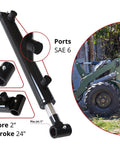 Direct From Manufacturer 2 Inch Bore 24 Inch Stroke Welded Heavy Duty Hydraulic Cylinder With Cross Tube Ends Double Acting Piston 3500 PSI Rating 8400 Lb Load SAE 6 Ports Universal Hydraulic Ram Magister, shown with close-up of cylinder and installed view on equipment