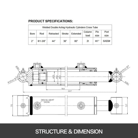 Diagram of Hydraulic Cylinder 2" Bore 36" Stroke Hydraulic Ram Cylinder Work Pressure 3000psi Welded Double Acting Cross Tube