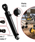 Heavy Duty Double Acting Hydraulic Cylinder With 2 Inch Bore And 8 Inch Stroke Swivel Eye Universal Fit 3500 PSI Rated 9400 Lb Load