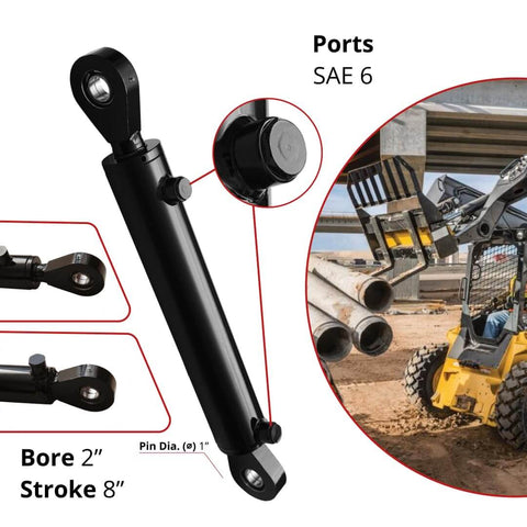 Heavy Duty Double Acting Hydraulic Cylinder With 2 Inch Bore And 8 Inch Stroke Swivel Eye Universal Fit 3500 PSI Rated 9400 Lb Load