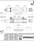 Technical drawing of Double Acting Hydraulic Cylinder For Tang Style Universal Systems Magister Hydraulics 2 Inch Bore 16 Inch Stroke Welded Construction 3500 PSI Rated Pressure 9400 Lbs Load 1.25 Inch Rod Diameter SAE 6 Ports.