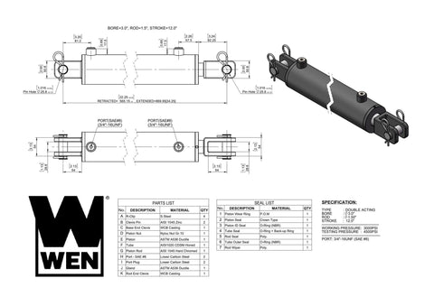 Technical diagram and specifications of Hydraulic Cylinder with 3-inch Bore and 12-inch Stroke, showing components and details.