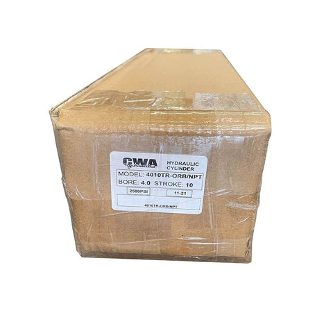 Box labeled Hydraulics Cylinder 4010TR-ORB/NPT with bore 4, stroke 10, 2500 PSI, for hydraulic setups and repairs.