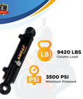 Black hydraulic cylinder with swivel eye mount, rated for 9420 lbs load and 3500 PSI pressure, 2-year warranty badge visible.