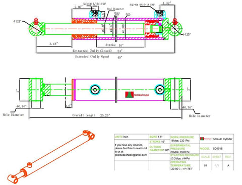 Technical diagram of Heavy Duty Hydraulic Cylinder 1.5 Inch Bore 16 Inch Stroke 3500 PSI Double Acting SAE 6 Port Lifting Cylinder Sidawhope Universal Hydraulic Cylinders Built With Welded Cross Tube Ends and High Tensile Seals for Harsh Conditions.