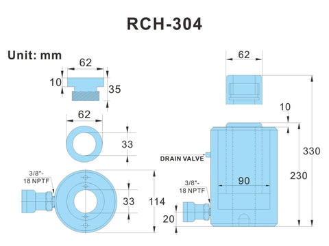Technical diagram of Beefy 30 Ton Hollow Hydraulic Cylinder Jack With Four Inch Stroke 100mm Single Acting Ram with dimensions and 3/8" NPTF details.