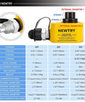 Newtry hydraulic ram specifications chart for various tonnage, showing details like stroke sizes and dimensions for 10T, 20T, and 30T models.