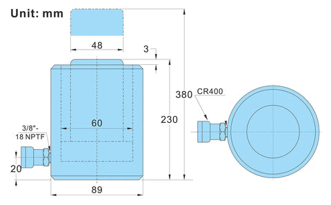 Technical drawing of Workhorse 20 Ton Hydraulic Cylinder Ram Single Acting With 6 Inch Stroke 10,000 PSI Max Three Eighth Inch NPT Quick Coupler.