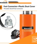Fast connector with plastic dust cover and orange Bonvoisin hydraulic component, threaded ZG3/8, close-up view.