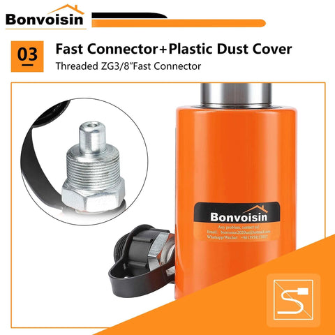 Fast connector with plastic dust cover and orange Bonvoisin hydraulic component, threaded ZG3/8, close-up view.
