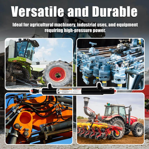 Heavy Duty Double Acting Hydraulic Cylinder For Tractor And Loader And Ag Equipment 1.5 Inch Bore 12 Inch Stroke 0.75 Inch Pin Holes SAE 6 Ports 3500 PSI Welded Replacement Cylinder By Kingway shown with tractors and machinery.