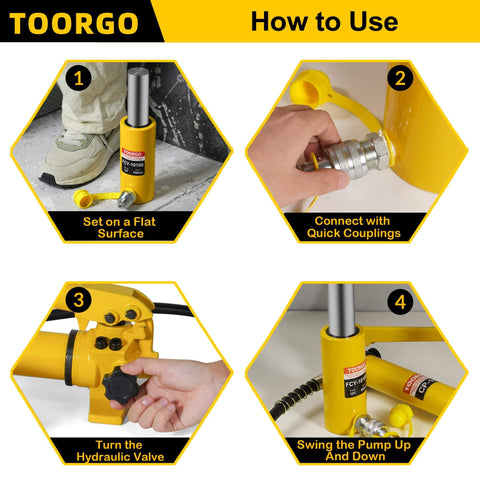 Heavy Duty 10 Ton 4 Inch Stroke Porta Power Single Acting Hydraulic Lifting Cylinder Jack for Shipbuilding Machinery and Industry with Auto Retract Yellow by Dooroom shown in usage steps illustration