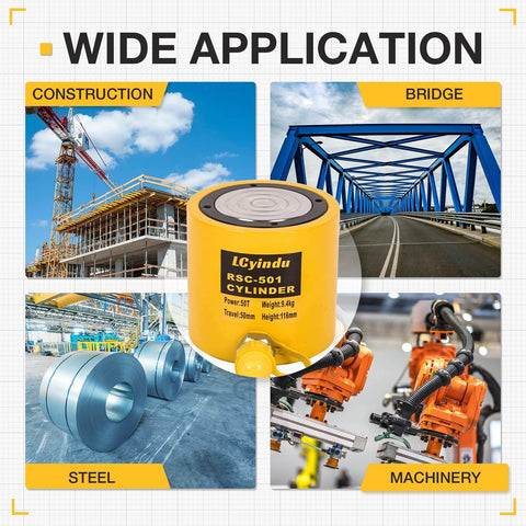 Heavy Duty 50 Ton Hydraulic Cylinder Jack Ram With A 2 Inch Stroke For Lifting Heavy Equipment And Vehicles RSC 501 shown in construction, bridge, steel, and machinery settings