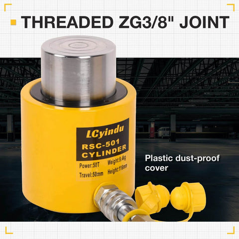 Heavy Duty 50 Ton Hydraulic Cylinder Jack Ram With A 2 Inch Stroke For Lifting Heavy Equipment And Vehicles RSC 501 Solid Single Acting Hydraulic Ram Cylinder Jack Built For Industrial Use And Durable Metal Construction with plastic dust-proof cover