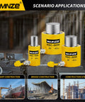 10 Ton Hydraulic Cylinder Jack Kit With 2 Inch Stroke And CP 180 Hand Pump Porta Power Ram Single Acting Auto Retract displayed with application scenarios including ship, bridge, and construction site use. Yellow jacks with labels RSC-1050, RSC-3050, RSC-5050.