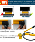 Diagram showing Hydraulic Cylinder Jack,20 Ton Heavy Duty Porta Power Kit in use on flat and uneven surfaces with instructions for pressure relief.