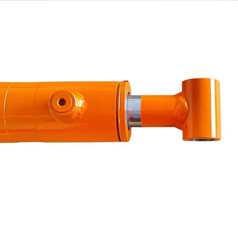Close-up of orange Heavy Duty Hydraulic Cylinder 1.5 Inch Bore 16 Inch Stroke 3500 PSI Double Acting SAE 6 Port with cross tube end