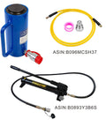 20 Ton Hydraulic Cylinder Ram, Single Acting, 6-Inch Stroke, 10,000 PSI Capacity, shown with hydraulic pump and couplers.
