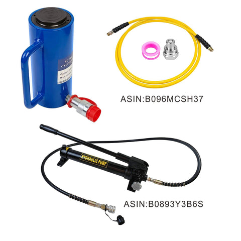 20 Ton Hydraulic Cylinder Ram, Single Acting, 6-Inch Stroke, 10,000 PSI Capacity, shown with hydraulic pump and couplers.