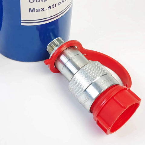 Close-up of 10,000 PSI capacity hydraulic cylinder ram quick coupler, part of the 20 Ton Hydraulic Cylinder Ram, Single Acting, 6-Inch Stroke by AMZCNC.
