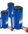 Three blue 20 Ton Hydraulic Cylinder Rams, Single Acting, 6-Inch Stroke, 10,000 PSI Capacity, with handles and NPT Quick Coupler visible.