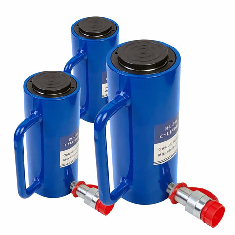 Three blue 20 Ton Hydraulic Cylinder Rams, Single Acting, 6-Inch Stroke, 10,000 PSI Capacity, with handles and NPT Quick Coupler visible.