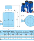 Diagram showing dimensions of 20 Ton Hydraulic Cylinder Ram, Single Acting, 6-Inch Stroke, 10,000 PSI Capacity with NPT Quick Coupler