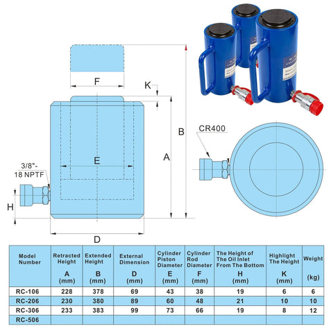 Diagram showing dimensions of 20 Ton Hydraulic Cylinder Ram, Single Acting, 6-Inch Stroke, 10,000 PSI Capacity with NPT Quick Coupler