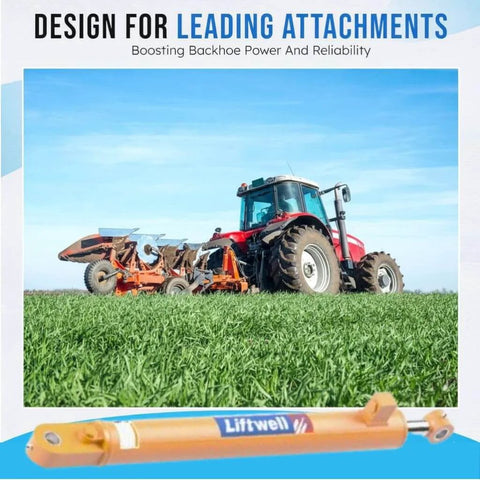 Tractor on a green field with Liftwell hydraulic cylinder, showing design for leading attachments.