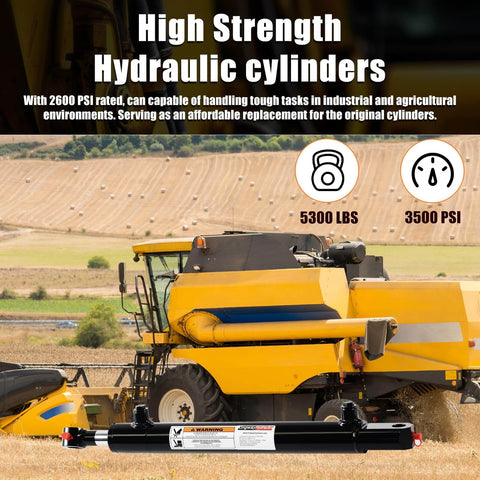 Heavy Duty Double Acting Hydraulic Cylinder For Tractor And Loader And Ag Equipment 1.5 Inch Bore 12 Inch Stroke 0.75 Inch Pin Holes SAE 6 Ports 3500 PSI Welded Replacement Cylinder By Kingway, displayed with farm equipment.
