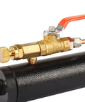 Close-up of heavy-duty hydraulic cylinder component with brass fittings for metal bandsaw replacement, showing connection details.