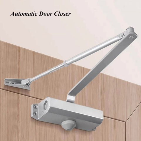 Heavy Duty Hydraulic Door Closer With Adjustable Arm And Hold Open Aluminum Alloy Construction Soft Close Action installed on wood door.