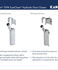 Kason 1094 SureClose hydraulic door closers showing concealed and exposed mounting options for heavy-duty use.