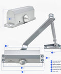 Automatic Door Closer (Silver), FS-1306 Residential Hydraulic Auto Door Closer with measurements and specifications.
