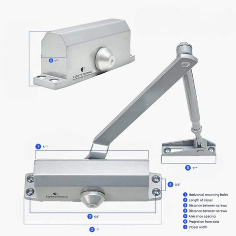 Automatic Door Closer (Silver), FS-1306 Residential Hydraulic Auto Door Closer with measurements and specifications.