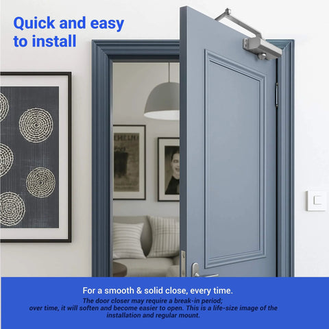 Automatic Door Closer (Silver), FS-1306 Residential Hydraulic Auto Door Closer installed on a blue interior door.