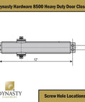 Diagram of Door Closer, Grade 1 Heavy Duty Commercial Hydraulic Closer, Series 8500, showing screw hole locations, surface mount.