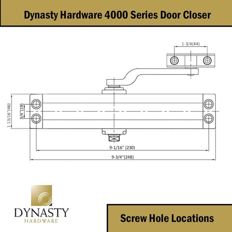 Technical diagram of Door Closer, Commercial Hydraulic Closer, Self-Closing, Spring Size 4, Surface Mount, Sprayed Aluminum, Series 4000