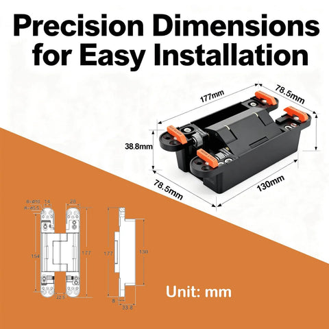 Diagram of door hinge dimensions for 2 Pack 7 Inch Hydraulic Self Closing Concealed Door Hinges Heavy Duty Metal 180 Degree Opening Adjustable Closing Speed Rust Resistant For Commercial And Residential Interior Exterior Doors, showing measurements in mm with illustrated hinge.