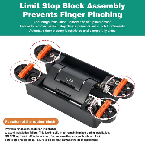 Concealed hydraulic 7-inch door hinges with limit stop block assembly for smooth self-closing action.