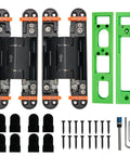 Concealed hydraulic 7-inch door hinges with screws, green installation guides, and tools, showing adjustable tension feature