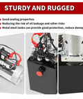 12V DC Hydraulic Power Device 10 Quart Single Acting Hydraulic Dump Trailer Pump close-up view showing rugged steel housing